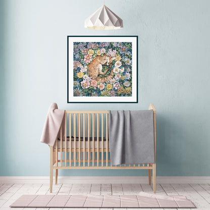   Square art print of a sleeping fox nestled in colorful flowers; whimsical nursery wall art featuring animal illustration for kids’ rooms or baby decor.