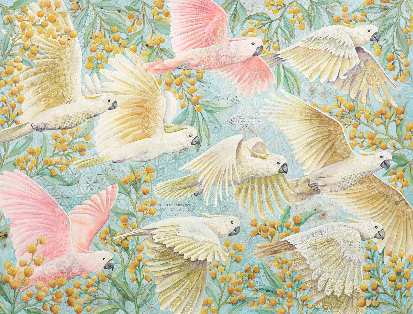 Unframed art print of flying cockatoos and golden wattle flowers, soft pastel bird artwork for gender-neutral or girl’s nursery. yellow, pink, turquoise , Australian birds animals, nursery 