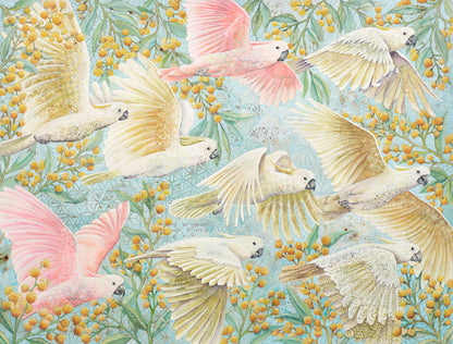 Unframed art print of flying cockatoos and golden wattle flowers, soft pastel bird artwork for gender-neutral or girl’s nursery. yellow, pink, turquoise , Australian birds animals, nursery 